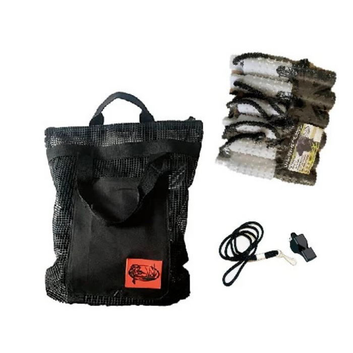 HuntEmUp Dog Training Kit - 2 inch Large Dog Training Bumper Black and White Flasher 6pc + Mesh Bumper Bag + Whistle & Lanyard