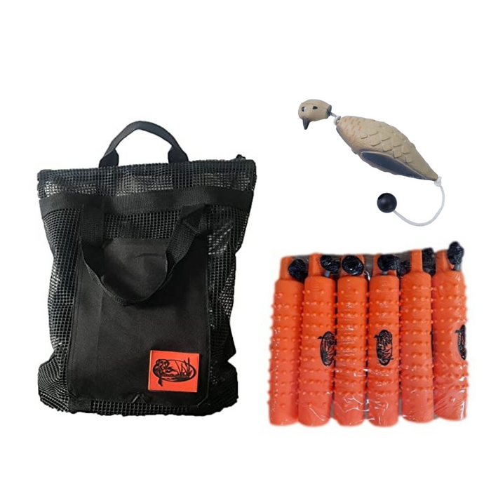 HuntEmUp Hunting Dog Supplies Training Kit - Mourning Dove Dummy + 6 pc  3-Inch Orange Bumpers +  Mesh Bumper Bag