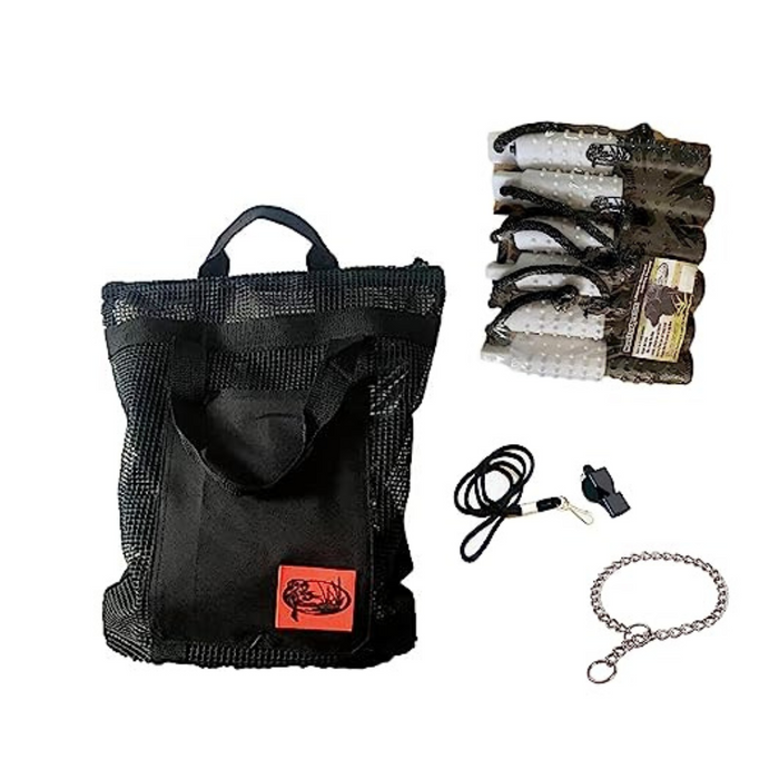 HuntEmUp Hunting Dog Essentials Training Kit - Large Black and White Flasher 6pc + Mesh Bumper Bag + Whistle & Lanyard + Training Chain