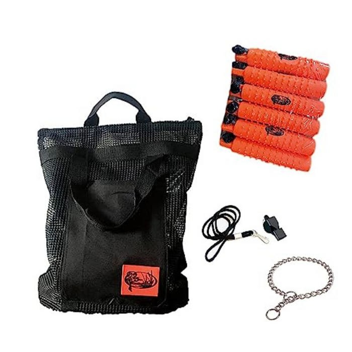 HuntEmUp Hunting Dog Essentials Training Kit - 3 inch Orange Plastic Bumper 6pc + Mesh Bumper Storage Bag + Whistle & Lanyard + Training Chain