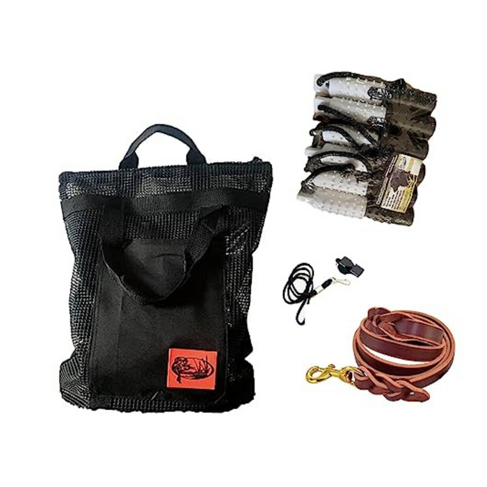 HuntEmUp Hunting Dog Essentials Training Kit - 3 inch Large Bumper Black and White Flasher 6pc + Mesh Bumper Bag + Whistle & Lanyard + Braided Leash