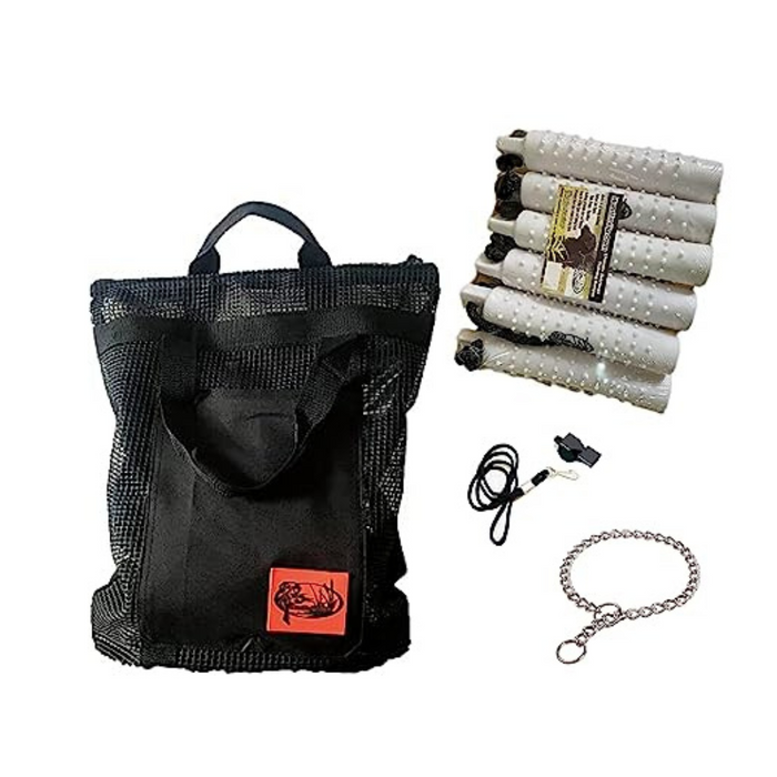 HuntEmUp Hunting Dog Essentials Training Kit - 3 in White Plastic Bumper with Throw Rope + Mesh Bumper Storage Bag + Whistle & Lanyard + Training Chain