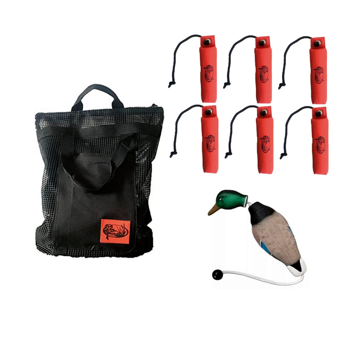 HuntEmUp Dog Training Kit - Large Canvas Orange Dog Training Bumper 6pc + Mesh Bumper Bag + Whistle & Lanyard