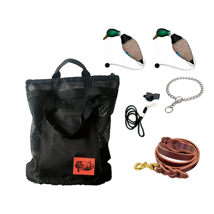 HuntEmUp Hunting Dog Essentials Training Kit - Mesh Bumper Storage Bag + Dead Fowl Mallard Dummy 2 pc + Whistle & Lanyard + Braided Leather Leash + Training Chain