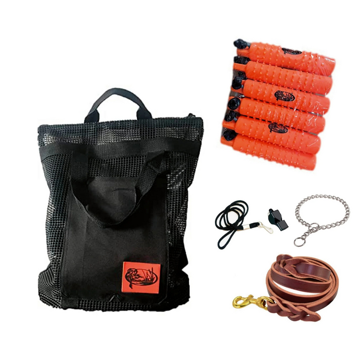 HuntEmUp Hunting Dog Essentials Training Kit - 3 inch Orange Plastic Bumper 6 pc + Mesh Bumper Storage Bag + Whistle & Lanyard + Braided Leather Leash + Training Chain