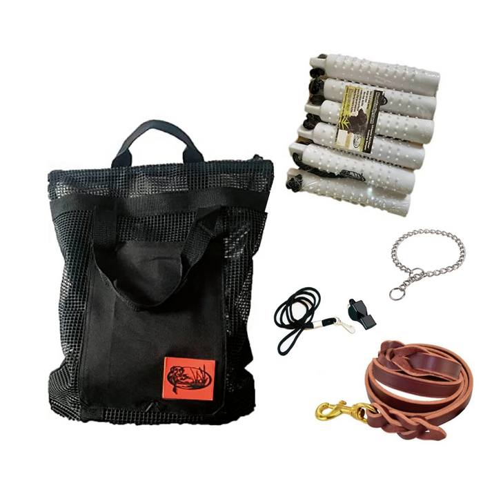 HuntEmUp Hunting Dog Essentials Training Kit - 2 in White Plastic Bumper with Throw Rope 6pc + Mesh Bumper Storage Bag + Whistle & Lanyard + Braided Leash + Training Chain