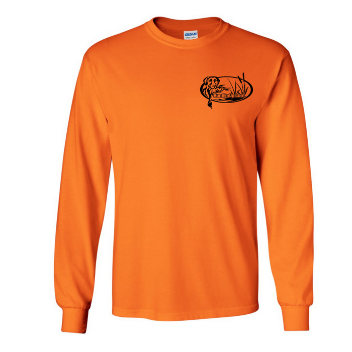 HuntEmUp.com Logo Shirt Long Sleeve T-Shirt for Sporting Dog Enthusiasts - Hunter Orange