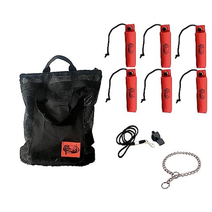 HuntEmUp Hunting Dog Essentials Training Kit - Large Orange Canvas Bumper 6pc + Mesh Bumper Bag + Whistle & Lanyard + Training Chain