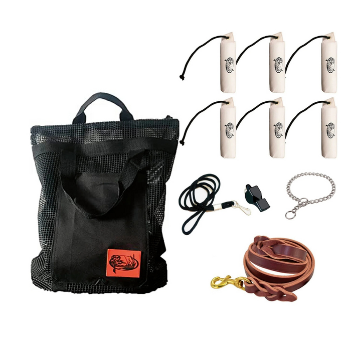 HuntEmUp Hunting Dog Essentials Training Kit -  Large Canvas White Bumpers 6pc + Mesh Bumper Bag + Whistle & Lanyard + Braided Leather Leash + Training Chain