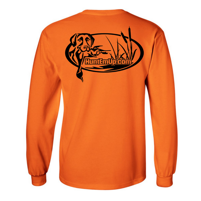 HuntEmUp.com Logo Shirt Long Sleeve T-Shirt for Sporting Dog Enthusiasts - Hunter Orange