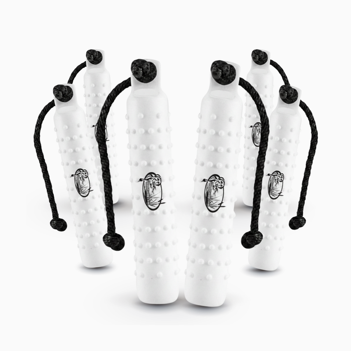 HuntEmUp 2-Inch White Dog Training Bumper Kit | 6 White Plastic Training Bumpers with Throw Ropes & Mesh Retriever Bumper Bag