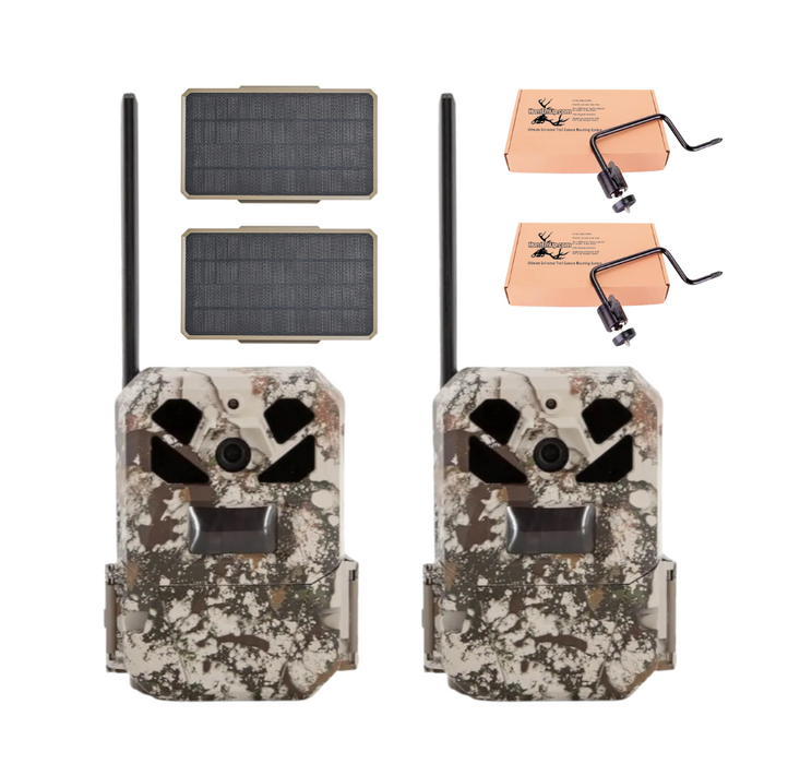 Moultrie EDGE 2 PRO Cellular Trail Camera 2-Pack with 2pc Solar Power Panels & 2pc HuntEmUp Mounts – No-Glow Cams with On-Demand Control & Unlimited Solar Power