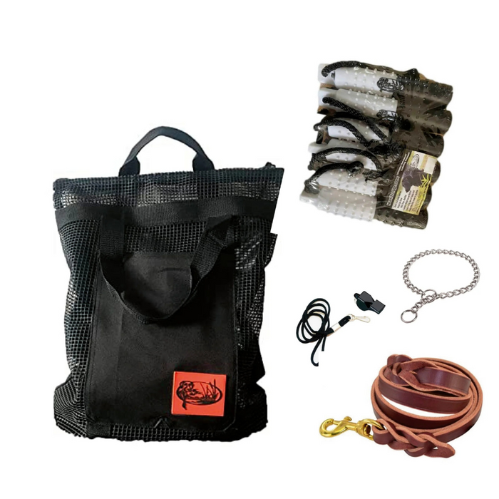 HuntEmUp Hunting Dog Essentials Training Kit -  3 inch Large Bumper Black and White Flasher 6pc + Mesh Bumper Bag + Whistle & Lanyard + Leather Braided Leash + Training Chain