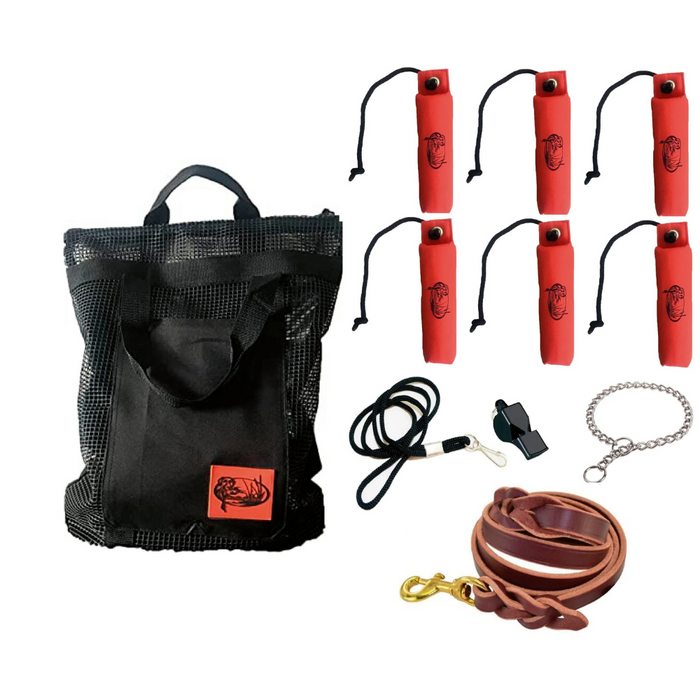 HuntEmUp Hunting Dog Essentials Training Kit -  Large Canvas Orange Bumpers 6pc + Mesh Bumper Bag + Whistle & Lanyard + Braided Leather Leash + Training Chain