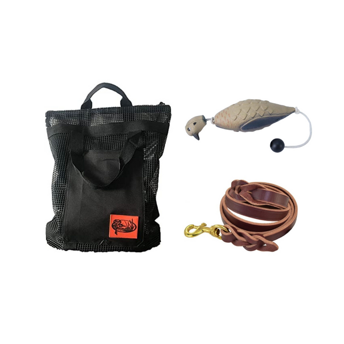 HuntEmUp Hunting Dog Accessories Training Kit - Mourning Dove Training Dummy + Braided Leather Leash + Mesh Carrying Bag