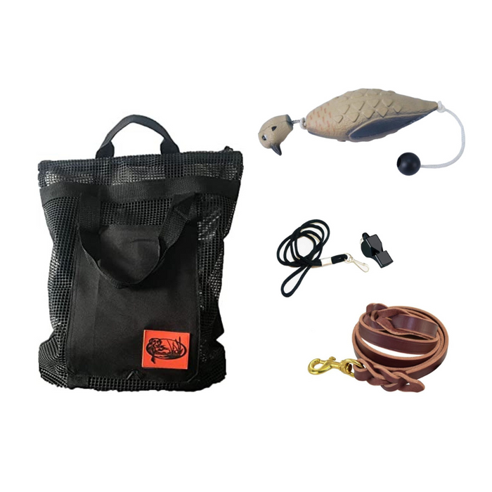 HuntEmUp Hunting Dog Accessories Training Kit - Mourning Dove Training Dummy + Braided Leather Leash + Mesh Carrying Bag + Whistle & Lanyard