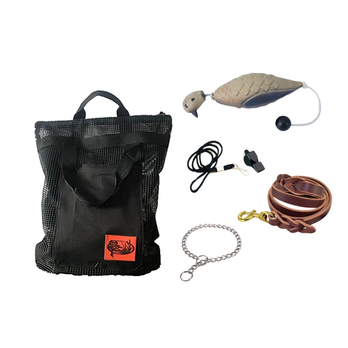 HuntEmUp Hunting Dog Accessories Training Kit - Mourning Dove Training Dummy + Braided Leather Leash + Mesh Carrying Bag + Whistle & Lanyard + Training Chain