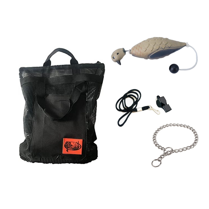 HuntEmUp Hunting Dog Accessories Training Kit - Mourning Dove Training Dummy + Whistle & Lanyard + Mesh Carrying Bag + Training Chain