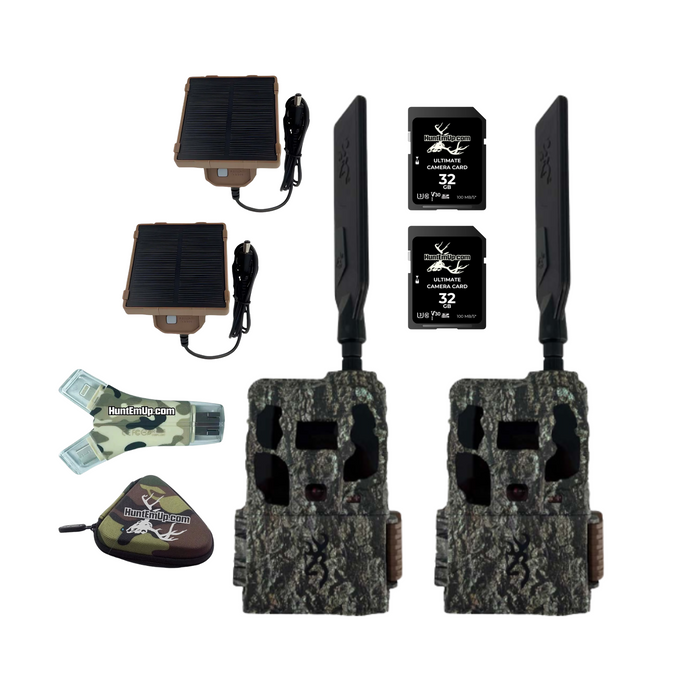 Browning Trail Camera Defender Pro Scout Max AI Trail Camera and Micro Solar Battery Pack Double Bundle with HuntEmUp 32GB SD Cards, High-Speed reader and case