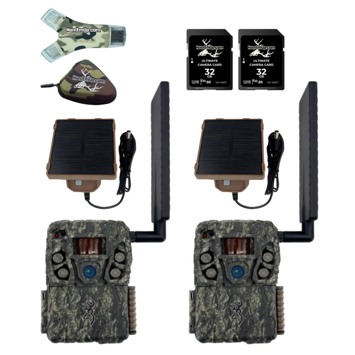 Browning Defender Vision Pro AI Trail Camera Double Bundle with Micro Solar Battery Pack, 2pc HuntEmUp 32GB SD Cards, High-Speed reader and case