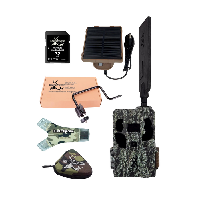Browning Defender Pro Scout Max AI Trail Camera Bundle with Micro Solar Panel, HuntEmUp Universal Mount, 32GB SD Card & Card Reader