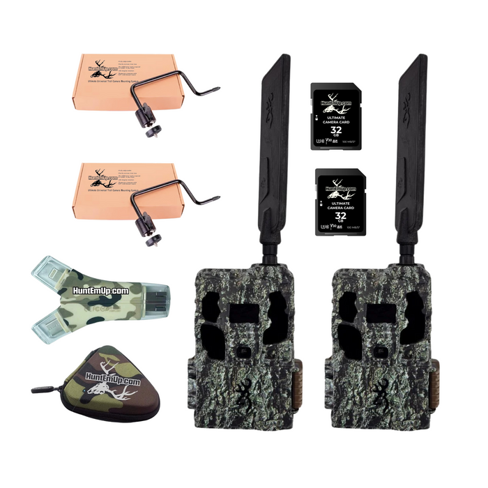 Browning Defender Pro Scout Max AI and HuntEmUp Universal Mounting System Double bundle with 2pc 32GB HEU SD Cards, High-Speed card reader and case