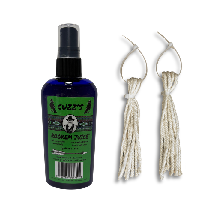 HuntEmUp & Cuzz’s Scrape Kit – 4oz Cuzz's Rook’em Scent with (2) HuntEmUp Mock Scrape Rope Tassels