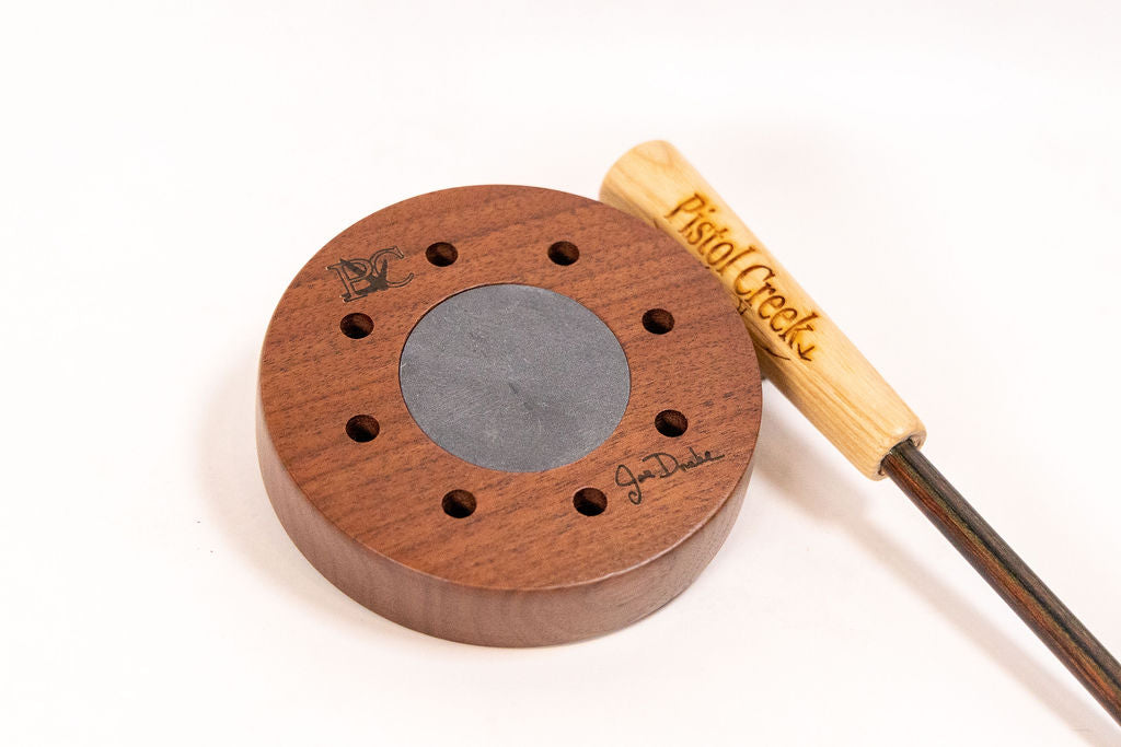 Pistol Creek Joe Drake Signature Pot Turkey Call - Stoned Aluminum/Slate on back