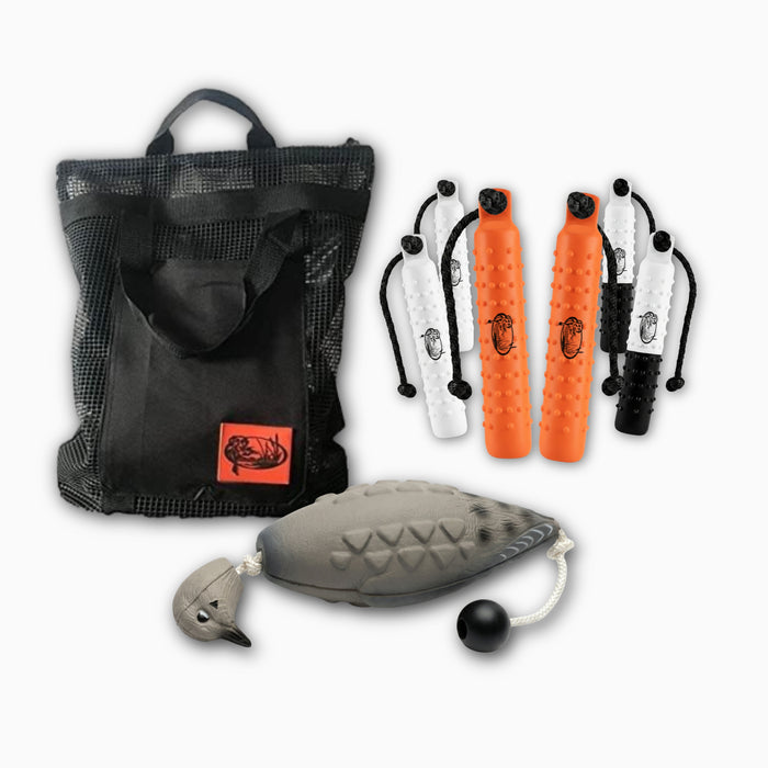 HuntEmUp Hunting Dog Essentials Training Kit | Mourning Dove Dummy, Valved Training Bumper Tri-Pack & Mesh Retriever Bumper Bag