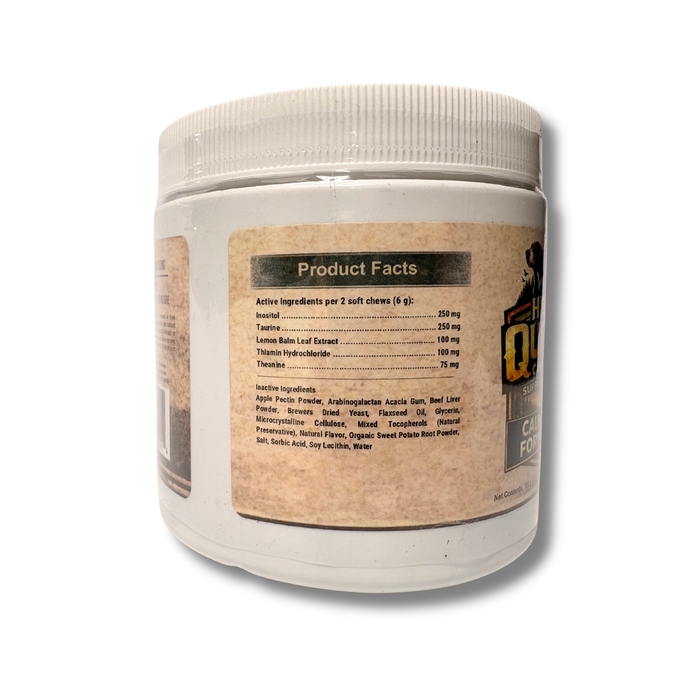 HQC Calming Supplement formula with ingredients list on labeled bottle 