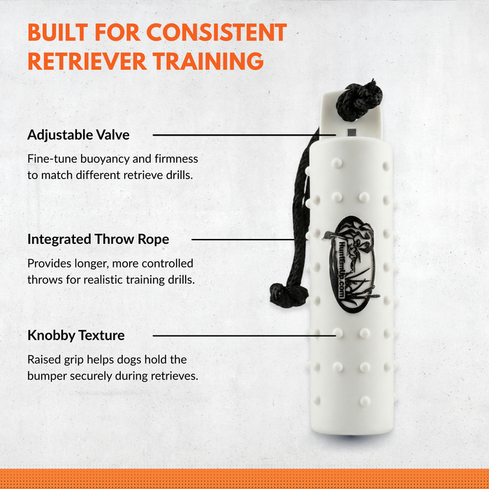 HEU white 3inch knobby bumper with adjustable valve, throw rope, and texture grip for dog training