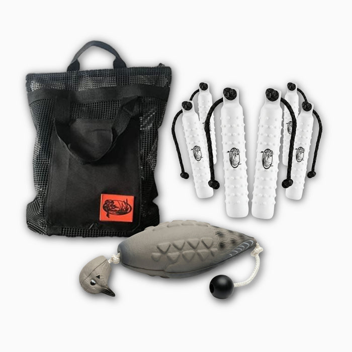 HuntEmUp 2inch and 3inch 6pk white training retrieving bumpers with ultimate mourning dove dummy, mesh bumper bag 