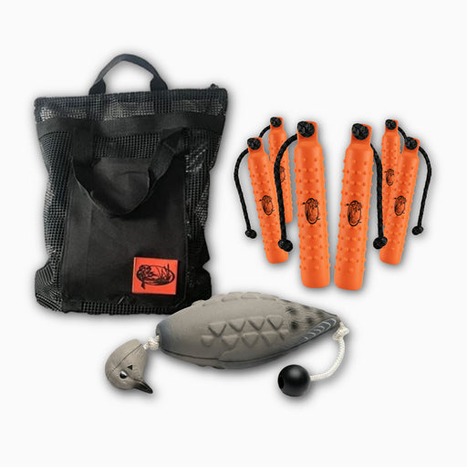 HuntEmUp Orange valved plastic 6pk bumpers with dove dummy and mesh bag - 2inch and 3inch sizes. 