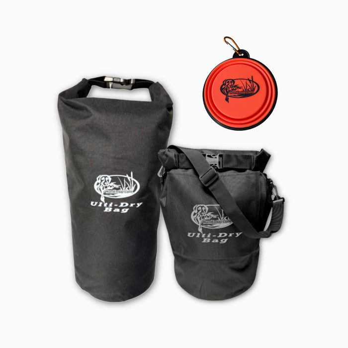 HuntEmUp Ulti Dry bag with Collapsable water bowl for dogs - 20lb and 40lb travel bag