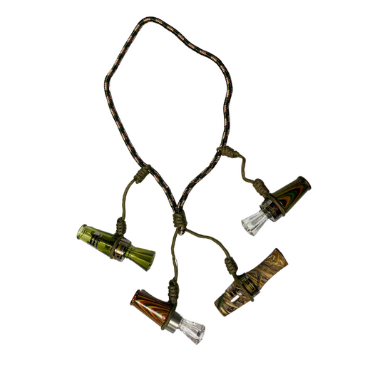 Camo Rope Duck Call Lanyard with duck calls. 