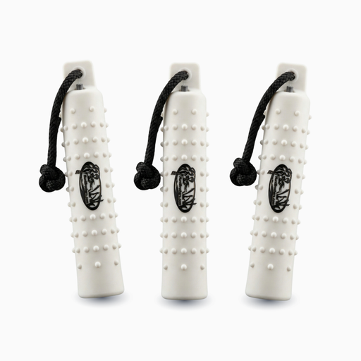 HuntEmUp White 2inch valved bumper 3pack bundle with throw rope. Knobby texture for retriever training