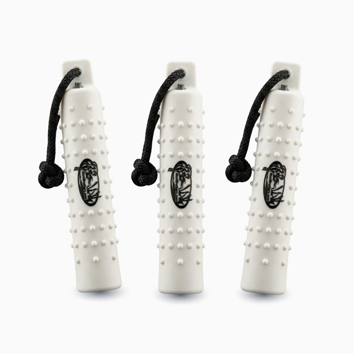 HuntEmUp White 2inch valved bumper 3pack bundle with throw rope. Knobby texture for retriever training