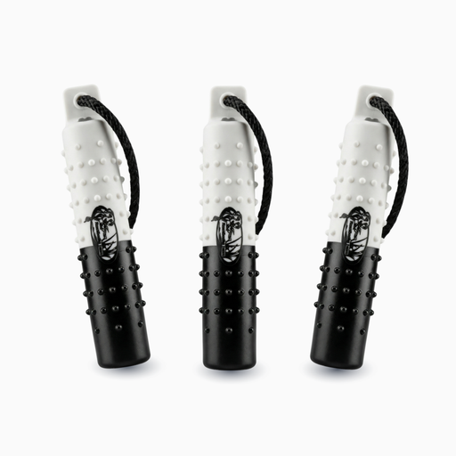 HuntEmUp flasher black and white dog training bumper. Retriever trainer with throw grip and valve