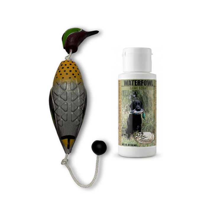 HuntEmUp Green Wing Teal dummy with HEU waterfowl game scent bundle