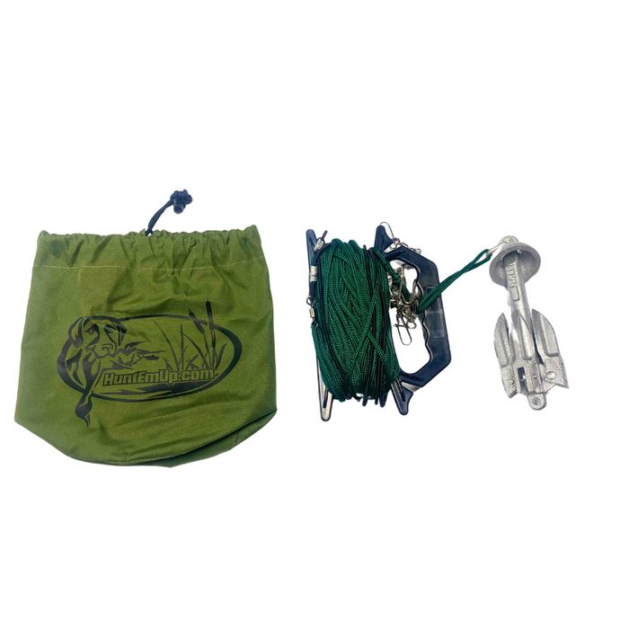 HuntEmUp ultimate Jerk Cord Kit for waterfowlers with storage bag, and anchor