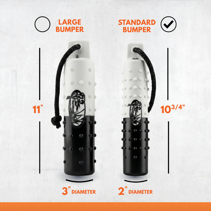 Huntemup dog training bumper in 2 and 3inch sizes. large and standard