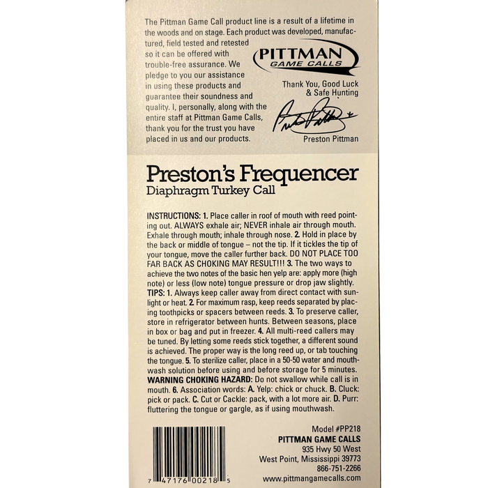 Pittman Frequencer Mouth Turkey Call Lebal