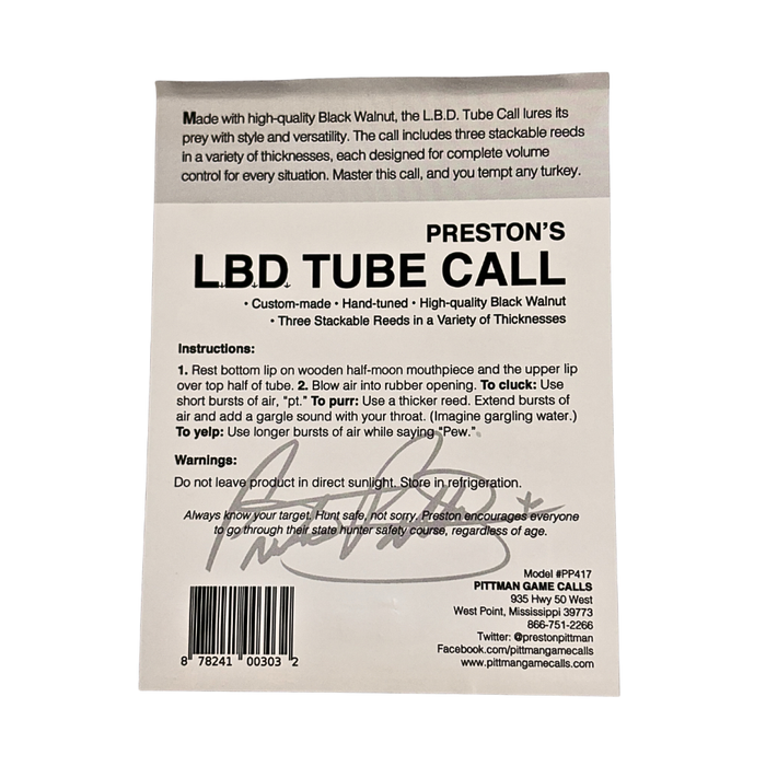 Pittman Game Calls LBD Tube Call back lebal