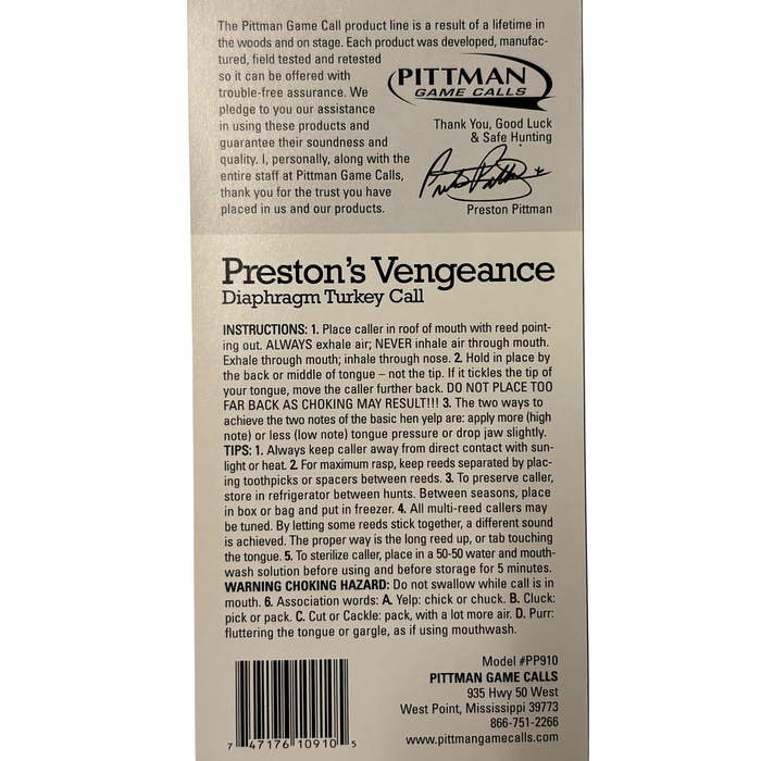 Pittman Vengeance Turkey Call, 3-Reed Diaphragm Mouth Call