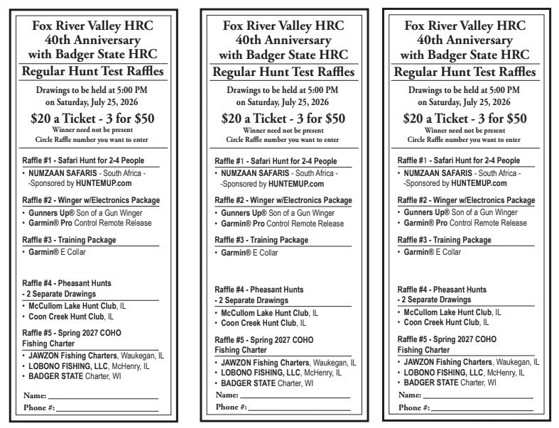 Fox River Valley HRC 40th Anniversary with Badger State HRC Regular Hunt Raffle Tickets
