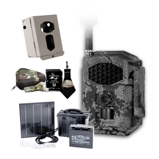 Spartan GoCam2 trail camera bundle. 12V battery, solar panel, security lock box with huntemup 32GB SD Card, High-speed card reader, protective case, and microfiber cleaning cloth
