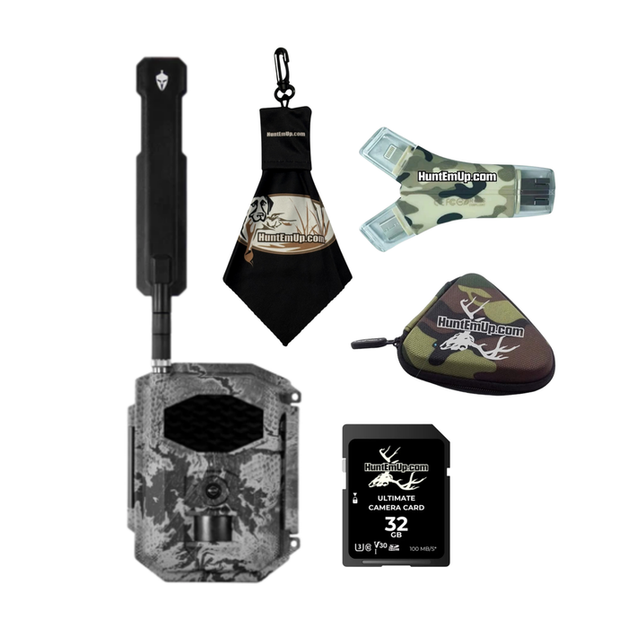 Spartan GoCam 2 trail camera with HuntEmUp Accessories - 32GB SD Card, High Speed card reader with protective case and microfiber lens cloth 