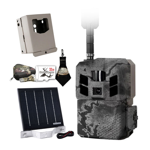 Spartan GoLive3 Trail camera bundle with Solar Panel, security lock box, and huntemup 32GB Micro SD card, High speed card reader with protective case, and microfiber cleaning cloth