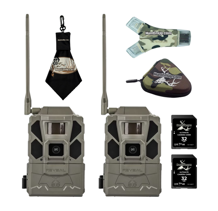 Tactacam Reveal X 3.0 Cellular Trail Camera 2-Pack with HuntEmUp 32GB SD Cards, Card Reader with case & Cleaning Cloth – HuntEmUp Bundle