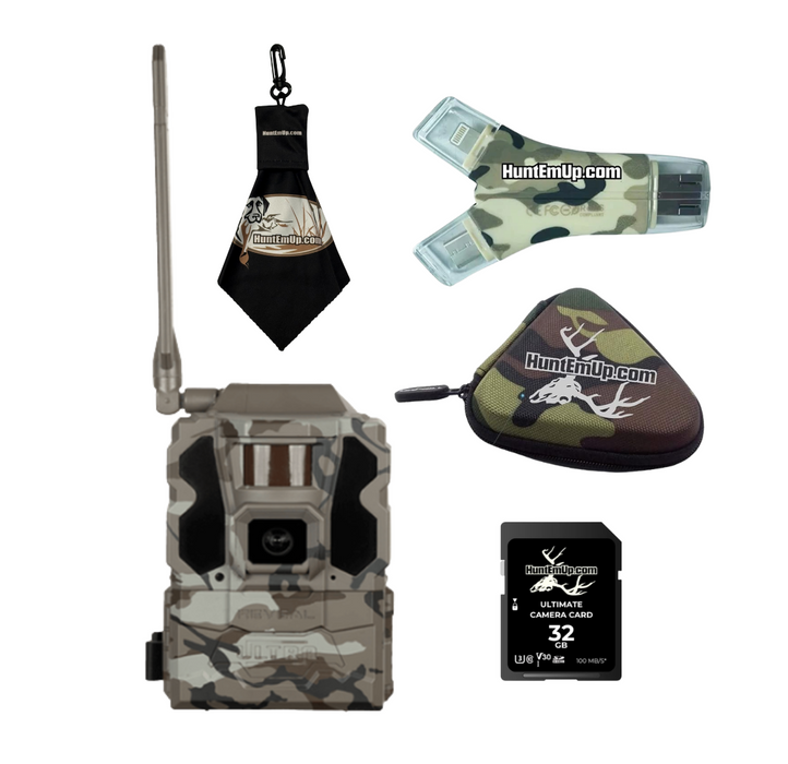 Tactacam Reveal X Ultra 3.0 Cellular Trail Camera with HuntEmUp 32GB SD Card, Card Reader with case & Lens Cloth – HuntEmUp Accessory Bundle
